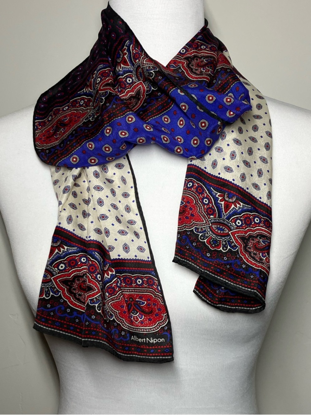 Albert Nippon Silk Scarf Rectangle Geometric Paisley Black Blue Cream 52" x 10"